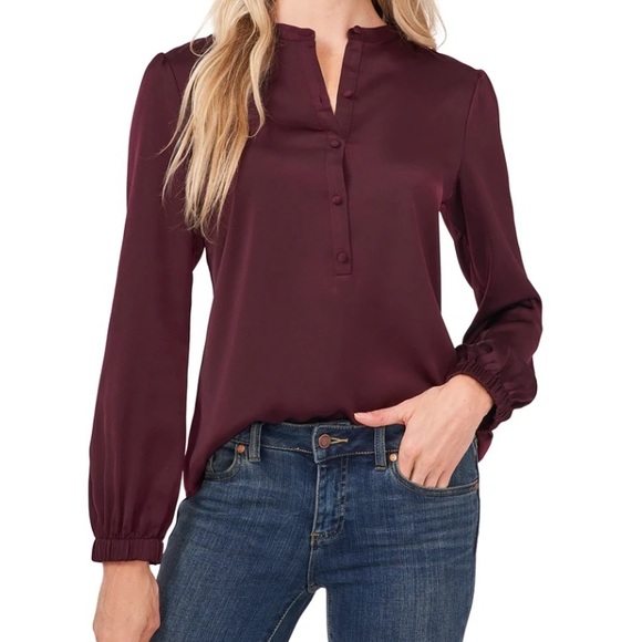 CeCe Women's Long Sleeve Crew Neck Button-Up Blouse - Picture 1 of 5